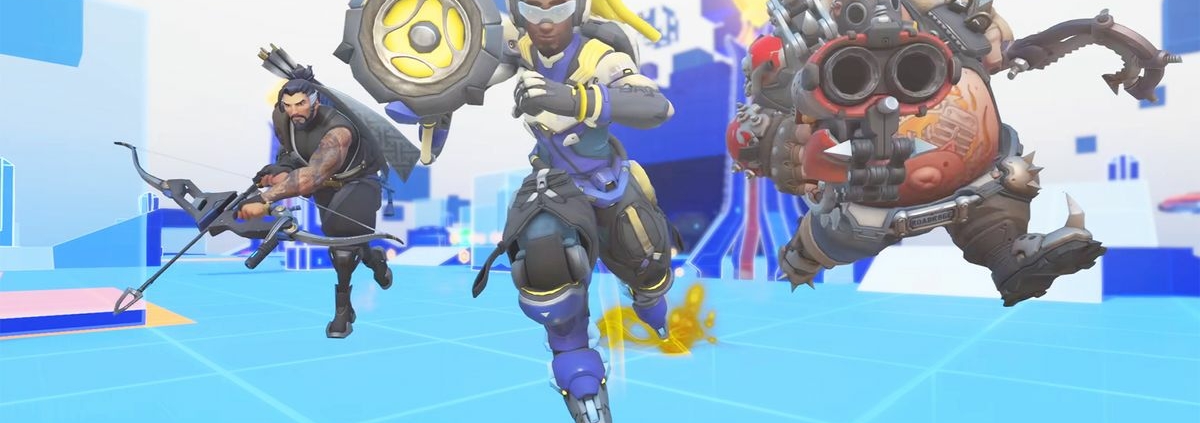 Three Overwatch heroes running toward the screen in a blue and white abstract level environment