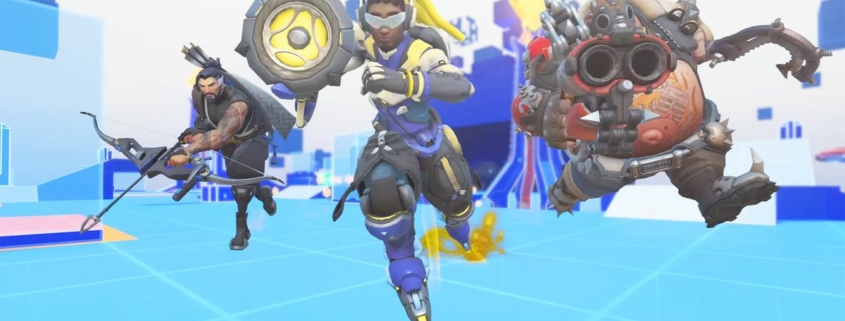 Three Overwatch heroes running toward the screen in a blue and white abstract level environment