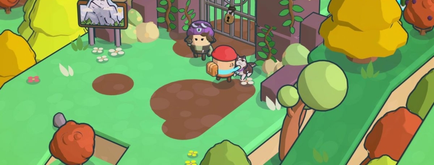 Tyke petting a dog outside of a gate with ranger Maddie in Pine Hearts