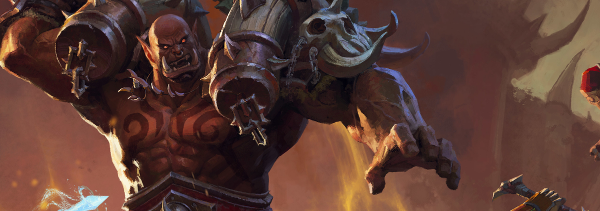 Garrosh Hellscream swings his axe violently in the key art for Mists of Pandaria: Remix, shrouded in flames and smog.