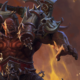 Garrosh Hellscream swings his axe violently in the key art for Mists of Pandaria: Remix, shrouded in flames and smog.