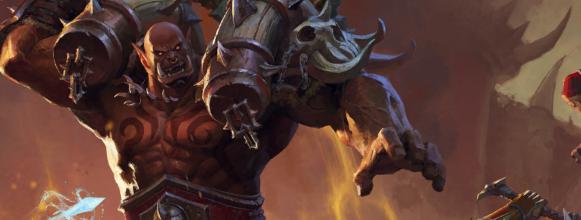 Garrosh Hellscream swings his axe violently in the key art for Mists of Pandaria: Remix, shrouded in flames and smog.