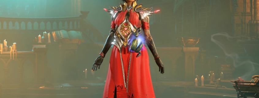 A sorceress from Diablo 4 in red robes