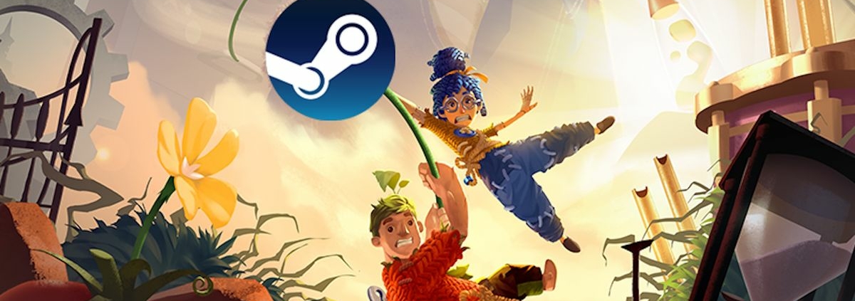 it Takes Two characters hanging from beneath a Steam logo balloon