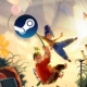 it Takes Two characters hanging from beneath a Steam logo balloon