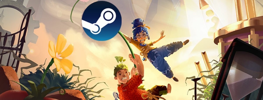 it Takes Two characters hanging from beneath a Steam logo balloon