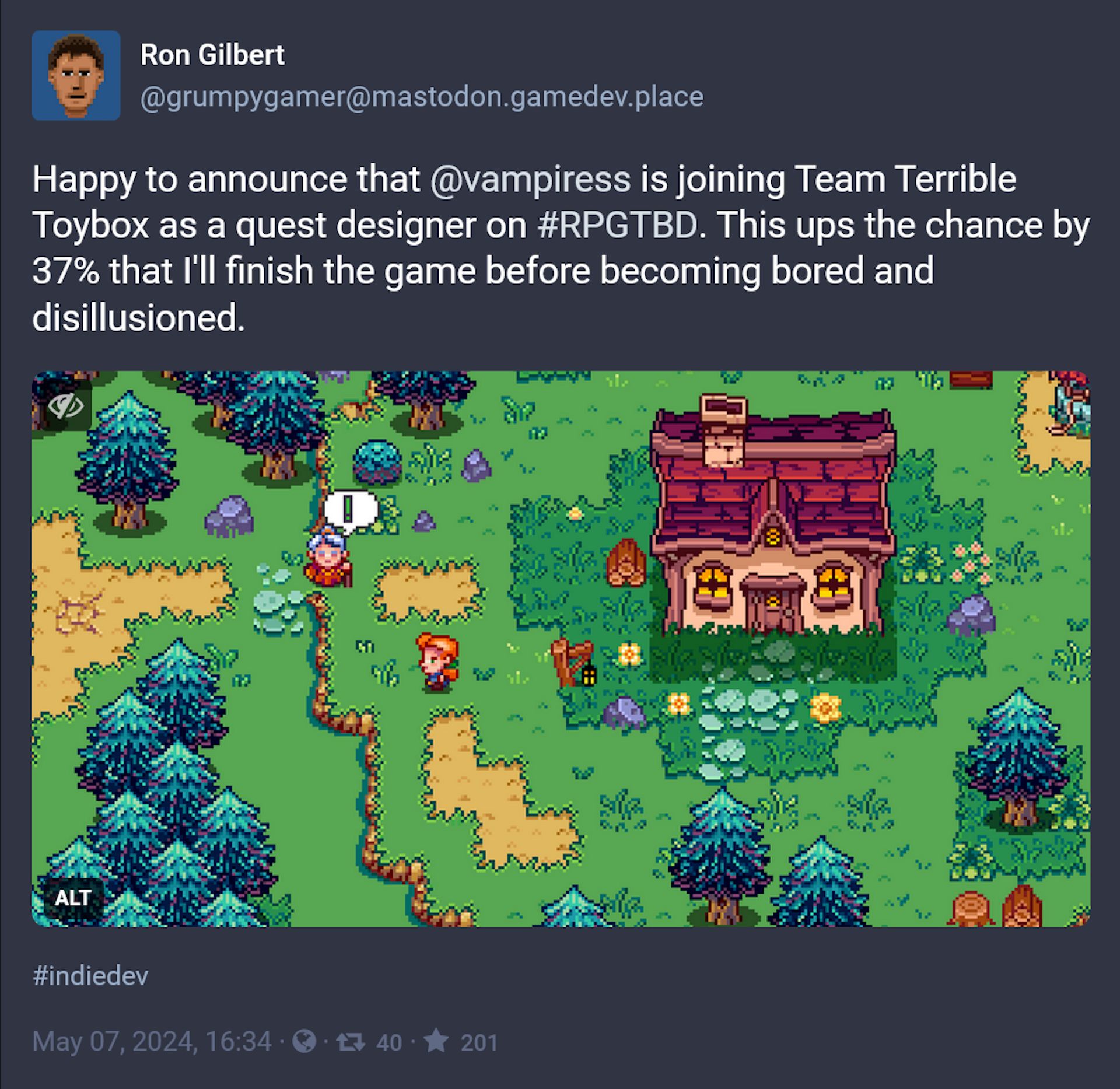 In-progress image of Ron Gilbert's next game: classic Zelda meets Diablo meets Thimbleweed Park