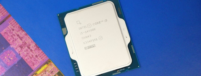 Intel Core i5 14600K on a blue box with Intel logo on it.