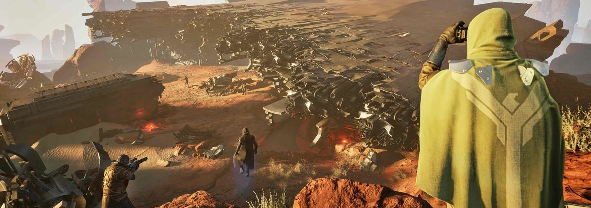 A vast landscape with a crashed spaceship in Dune: Awakening.