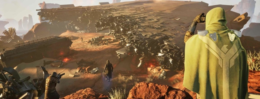 A vast landscape with a crashed spaceship in Dune: Awakening.