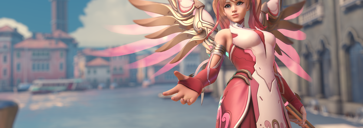 Overwatch 2 Pink Mercy skin with bright background