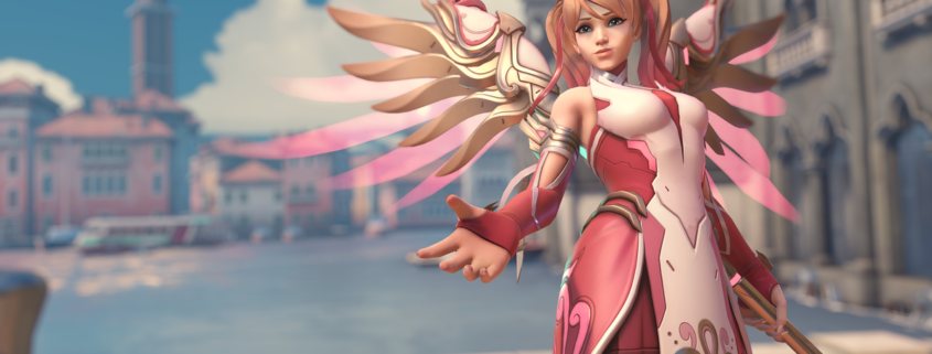 Overwatch 2 Pink Mercy skin with bright background