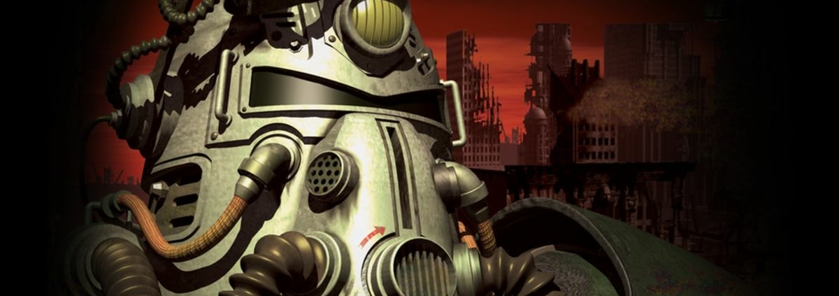 Fallout Power Armor helmet looking to right with darkened red city in background