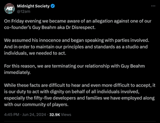 On Friday evening we became aware of an allegation against one of our co-founder’s Guy Beahm aka Dr Disrespect. We assumed his innocence and began speaking with parties involved. And in order to maintain our principles and standards as a studio and individuals, we needed to act. For this reason, we are terminating our relationship with Guy Beahm immediately. While these facts are difficult to hear and even more difficult to accept, it is our duty to act with dignity on behalf of all individuals involved, especially the fifty-five developers and families we have employed along with our community of players.