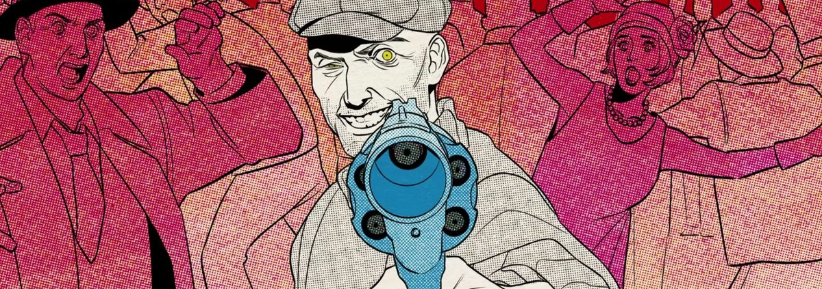 monochrome blue and red comic book man pointing gun at screen