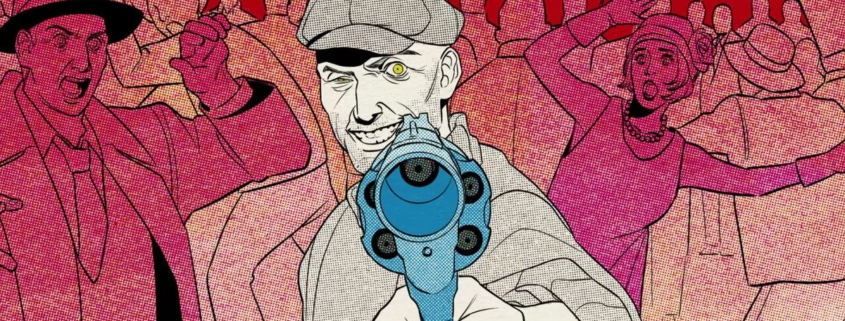 monochrome blue and red comic book man pointing gun at screen