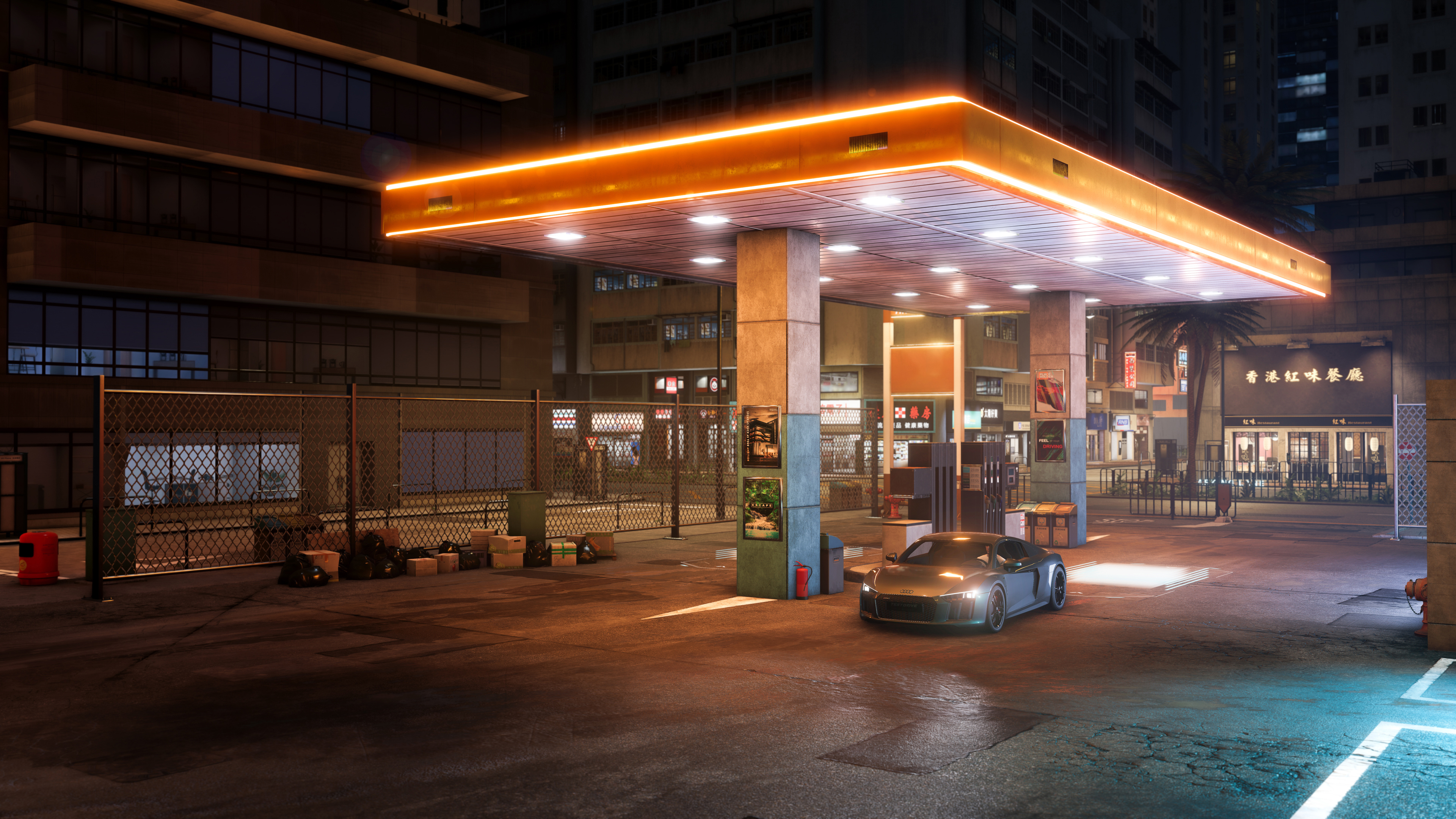 A car sitting in a petrol station