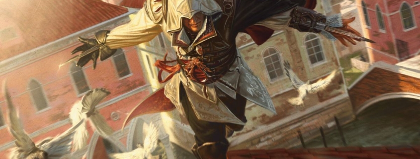 Ezio runs across a rooftop, startling birds.