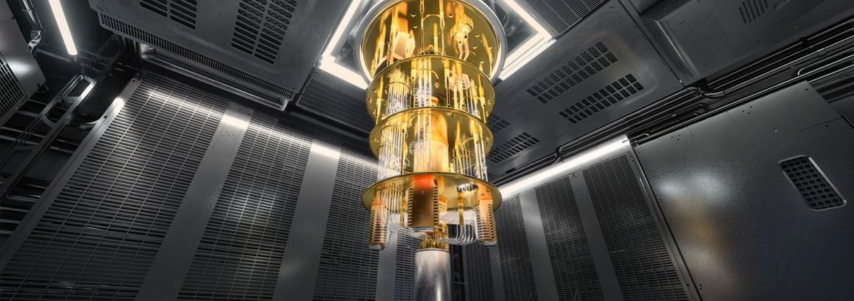 A photo of a quantum computer hanging from the ceiling of a clean room laboratory