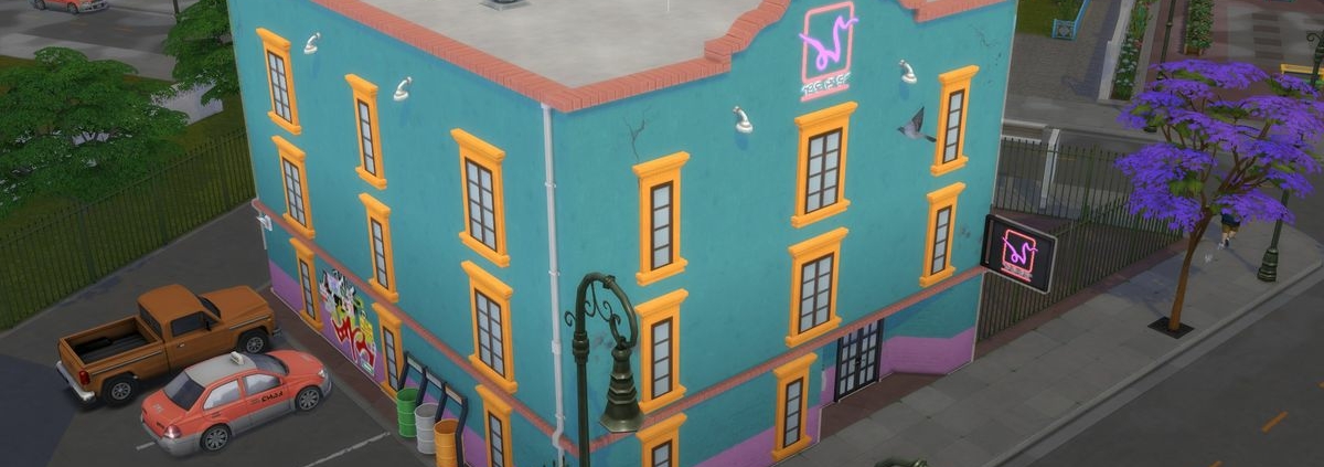 The Sims 4 - Beso Rapido, a light blue building with yellow windows and a neon sign on a city corner