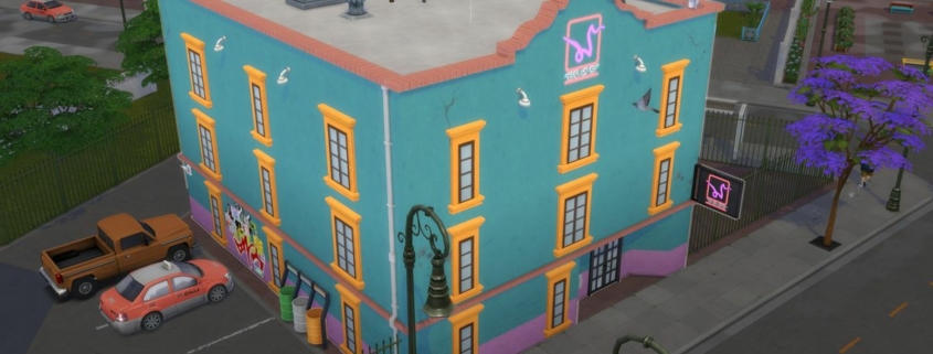 The Sims 4 - Beso Rapido, a light blue building with yellow windows and a neon sign on a city corner