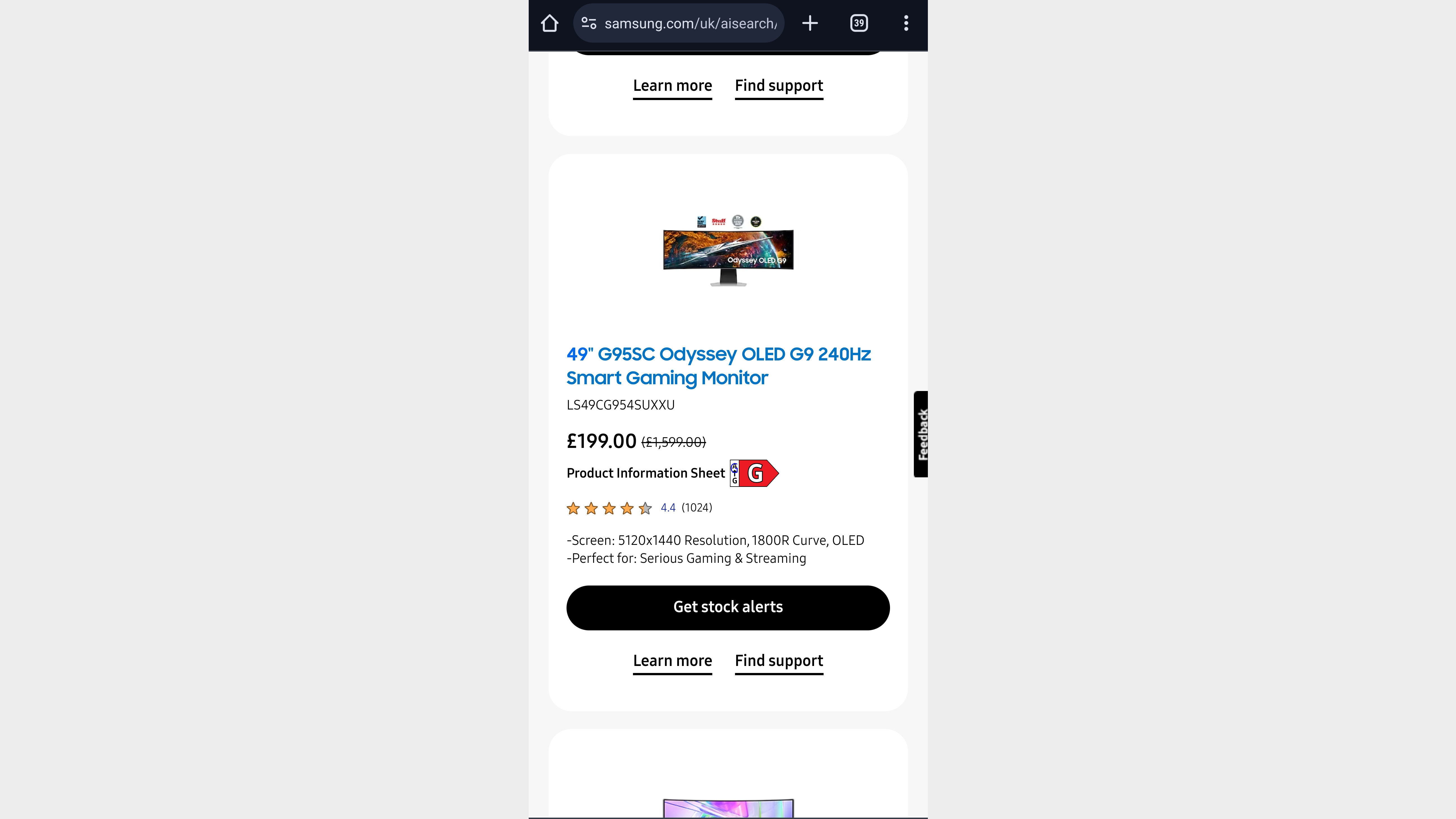 Samsung OLED G9 gaming monitor sale page on a mobile phone.