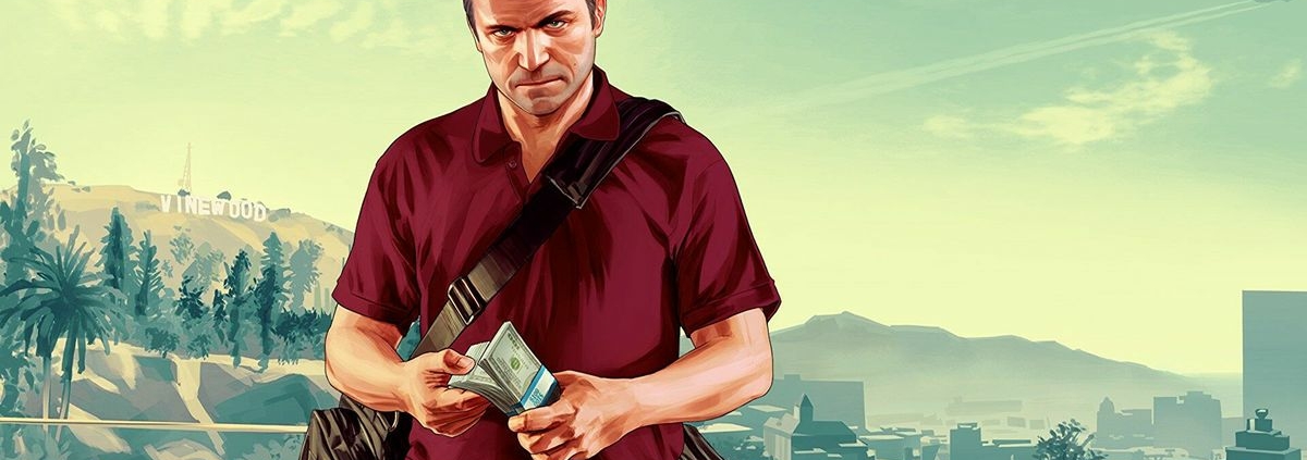 GTAV Michael holding money with Vinewood panoramic background