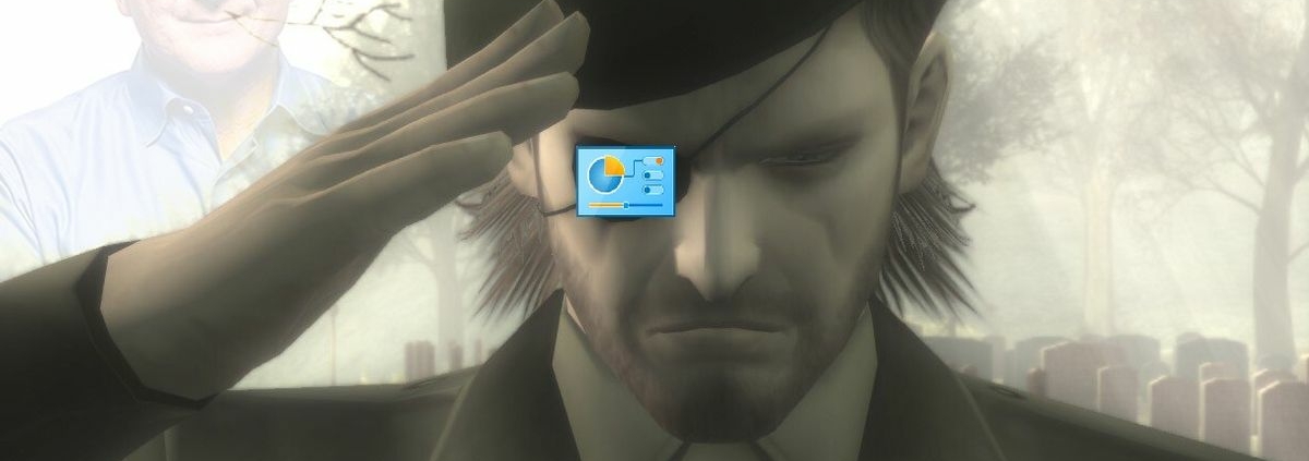 MGS3 Naked Snake salute scene from end of game with control panel logo over eyepatch and ghostly Steve Ballmer smiling in background