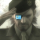 MGS3 Naked Snake salute scene from end of game with control panel logo over eyepatch and ghostly Steve Ballmer smiling in background