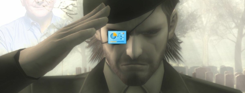 MGS3 Naked Snake salute scene from end of game with control panel logo over eyepatch and ghostly Steve Ballmer smiling in background