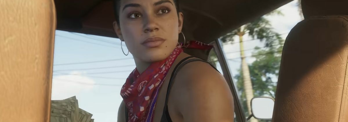 Grand Theft Auto 6 trailer still - woman in the front seat of a car, looking out the back window while holding a wad of cash