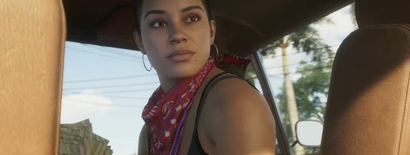 Grand Theft Auto 6 trailer still - woman in the front seat of a car, looking out the back window while holding a wad of cash