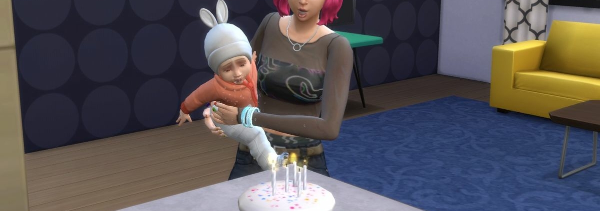 The Sims 4 - An adult Sim holds an dinfant and helps them blow out candles