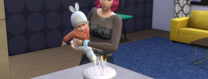 The Sims 4 - An adult Sim holds an dinfant and helps them blow out candles