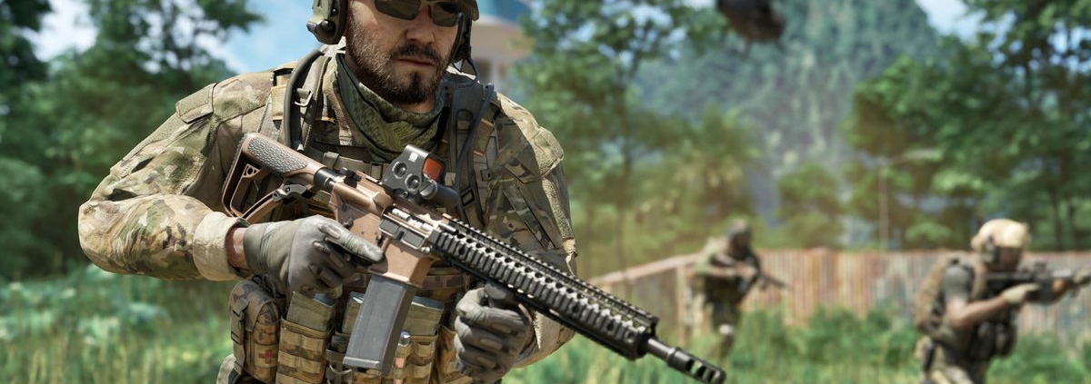 In Gray Zone Warfare, an assault rifle-wielding private military contractor advances through a field. Other combatants follow behind, while a scout helicopter flies in the distance.