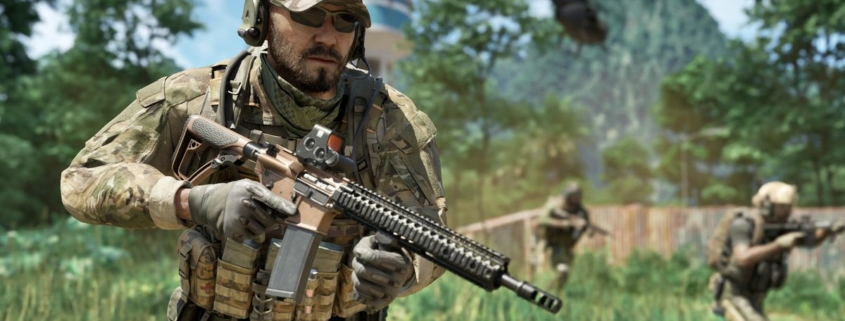 In Gray Zone Warfare, an assault rifle-wielding private military contractor advances through a field. Other combatants follow behind, while a scout helicopter flies in the distance.