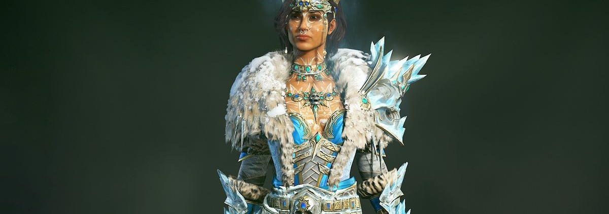 Diablo 4 sorceress wearing a ice-themed skin on a dark background