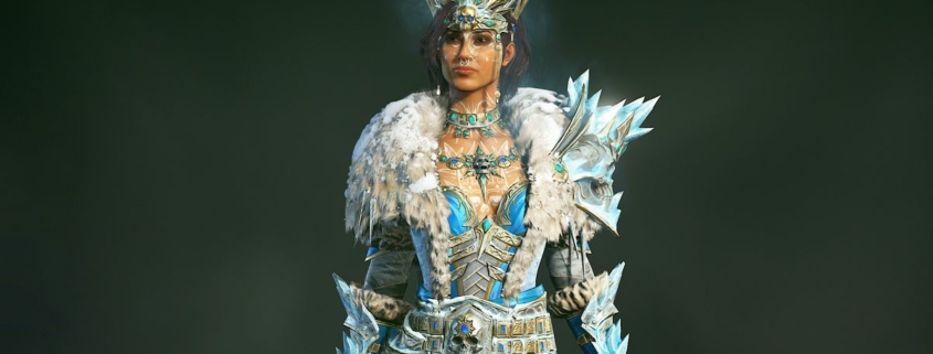 Diablo 4 sorceress wearing a ice-themed skin on a dark background