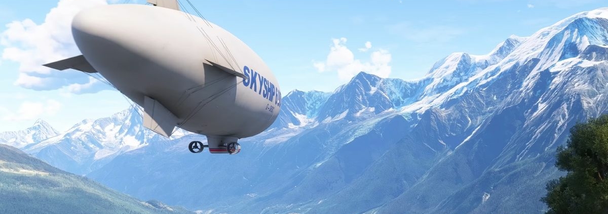 A blimp, flying next to the mountains in Microsoft Flight Simulator 2024