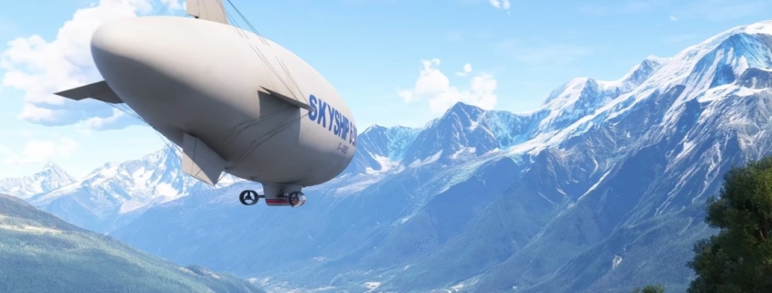 A blimp, flying next to the mountains in Microsoft Flight Simulator 2024