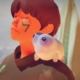 Jusant - a young person with short brown hair and a blue face marking looks upwards while wearing a cloak and a small blue creature companion on their shoulder