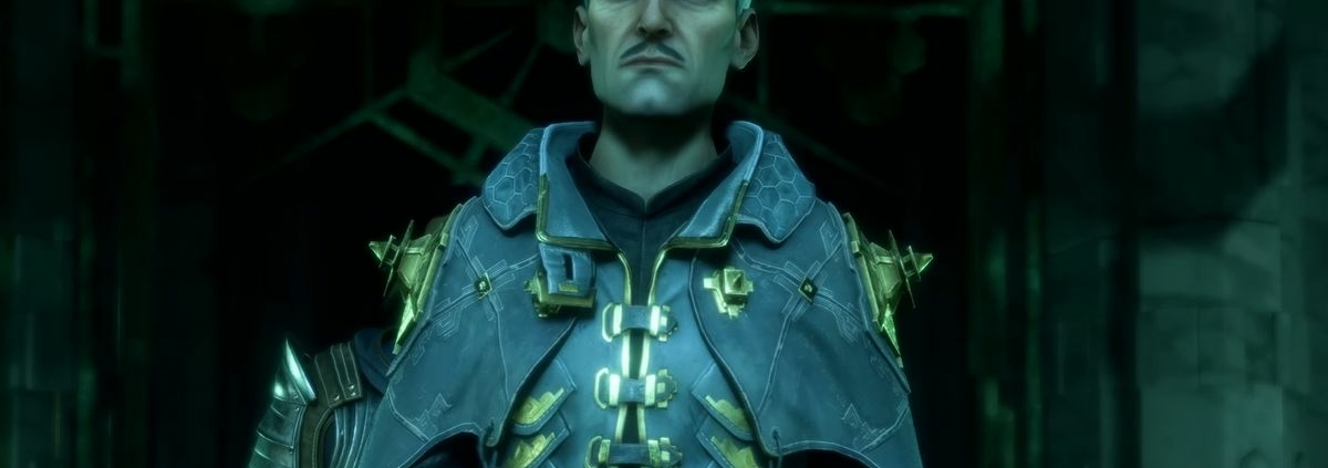 Dragon Age: The Veilguard - Emmrich looks serious in a dark, green tinted room