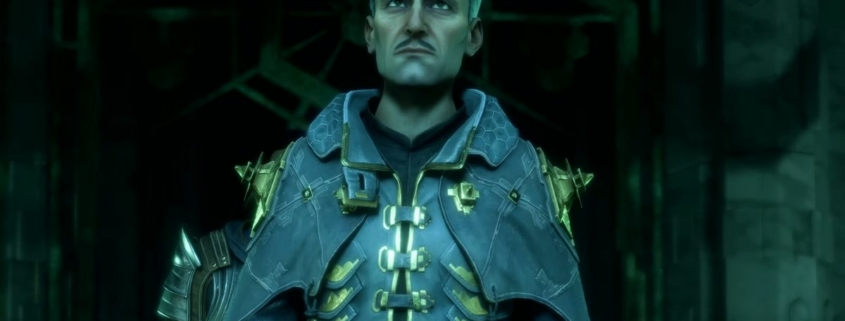 Dragon Age: The Veilguard - Emmrich looks serious in a dark, green tinted room