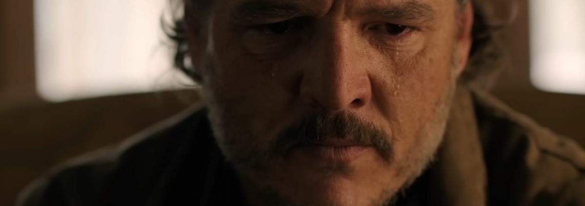 Pedro Pascal shedding a manly tear as Joel in The Last of Us