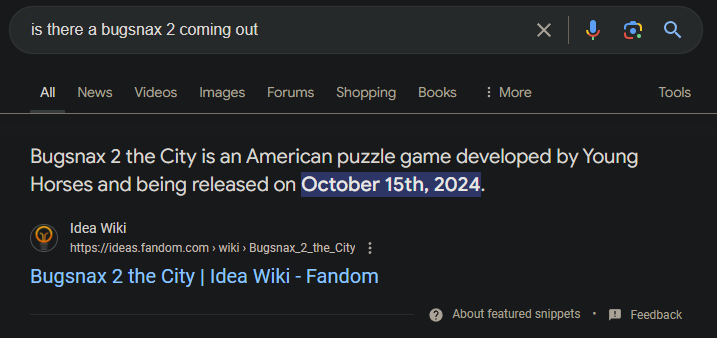 A Google search results page showing a spurious release date as a featured snippet after searching 