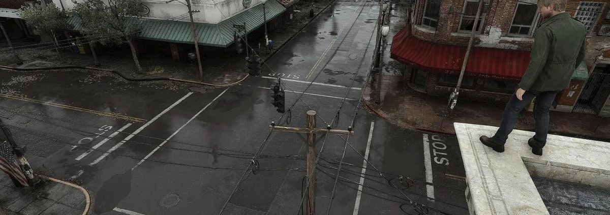 James looks from a rooftop at Silent Hill