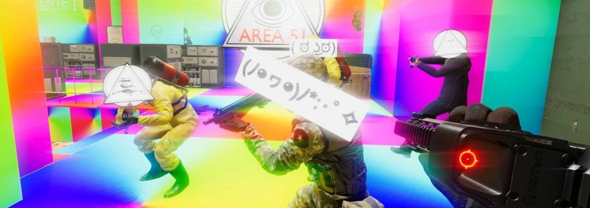 Holding a gun sideways to shoot bad guys with Illuminati symbols for heads in a rainbow-colored room