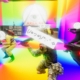 Holding a gun sideways to shoot bad guys with Illuminati symbols for heads in a rainbow-colored room