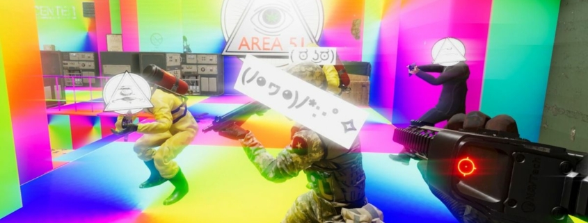 Holding a gun sideways to shoot bad guys with Illuminati symbols for heads in a rainbow-colored room