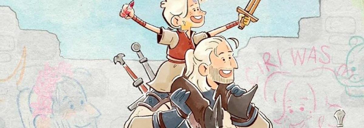 Childrens book stylized art of Geralt of Rivia giving Ciri a piggy back ride on the cover of the upcoming book, The Little Witcher.